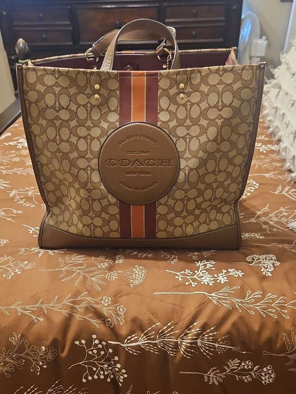 Coach Brown Signature Canvas Tote with Rust and Tan Stripe Dempsey"